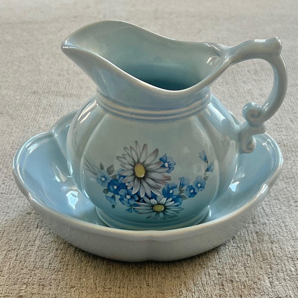 Vintage McCoy Pottery 7528 Blue Floral Pitcher and Basin Set Daisy Ceramic Decor